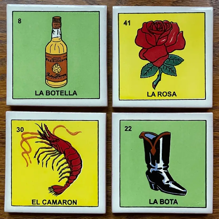 Loteria Green & Yellow Good Life Decorative Talavera Tile Coaster Set of 4 Folk Art Clay Pottery Mexico