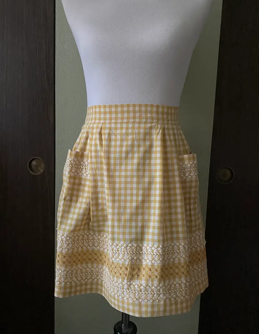Vintage Handmade Embroidered Cross Stitch Gold Gingham Half Apron Country Core