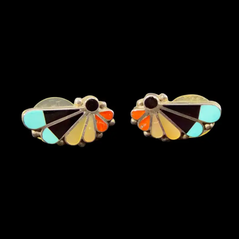 ZUNI Butterfly Sterling Earrings Turquoise Coral Mother of Pearl Onyx Inlaid 0.75”
