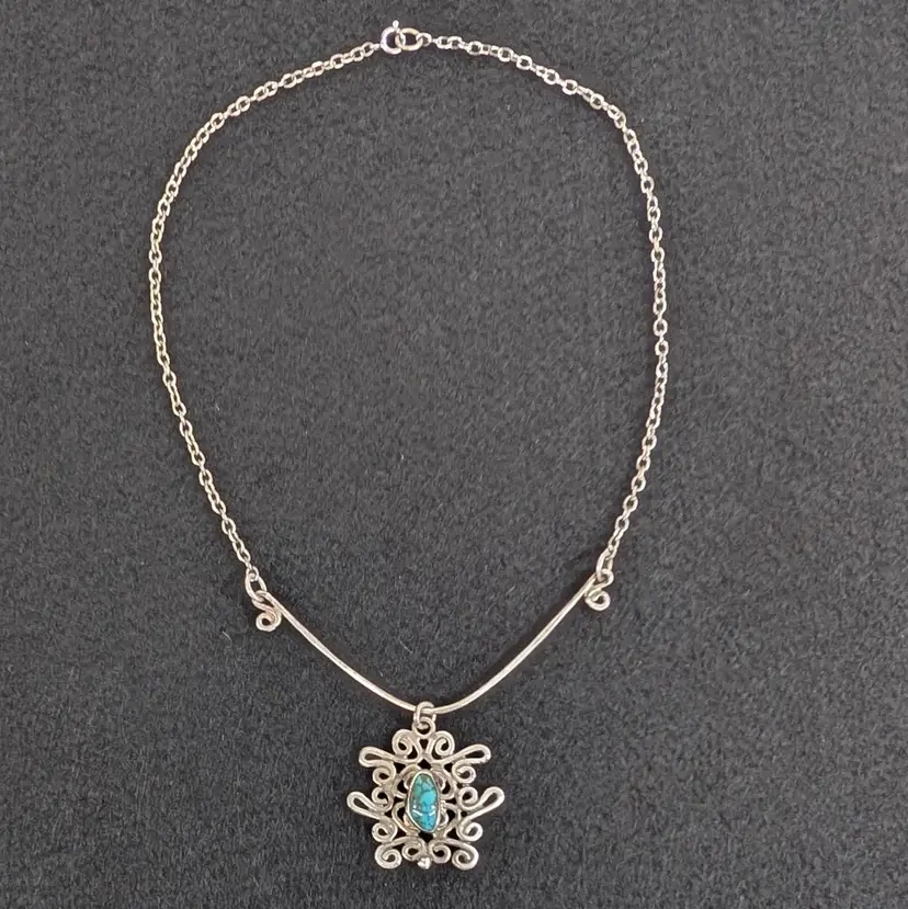 Vintage Sterling Silver Turquoise Swirl Openwork Pendant Necklace Scroll 15.25"