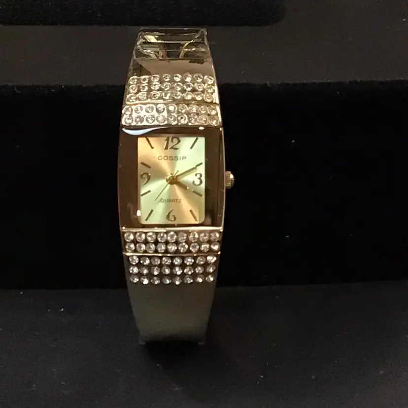 Vintage Gossip Gold-Tone Cuff Watch, Rhinestone Accent Rows, Gold Sunray Dial, Fully Tested & Running — Model GSP007