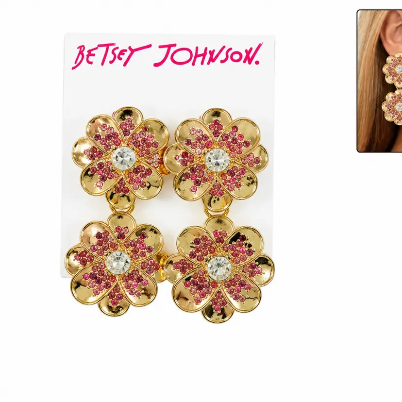 Betsey Johnson Flower Floral Double Loop Earrings Pink Gold Bling Gift