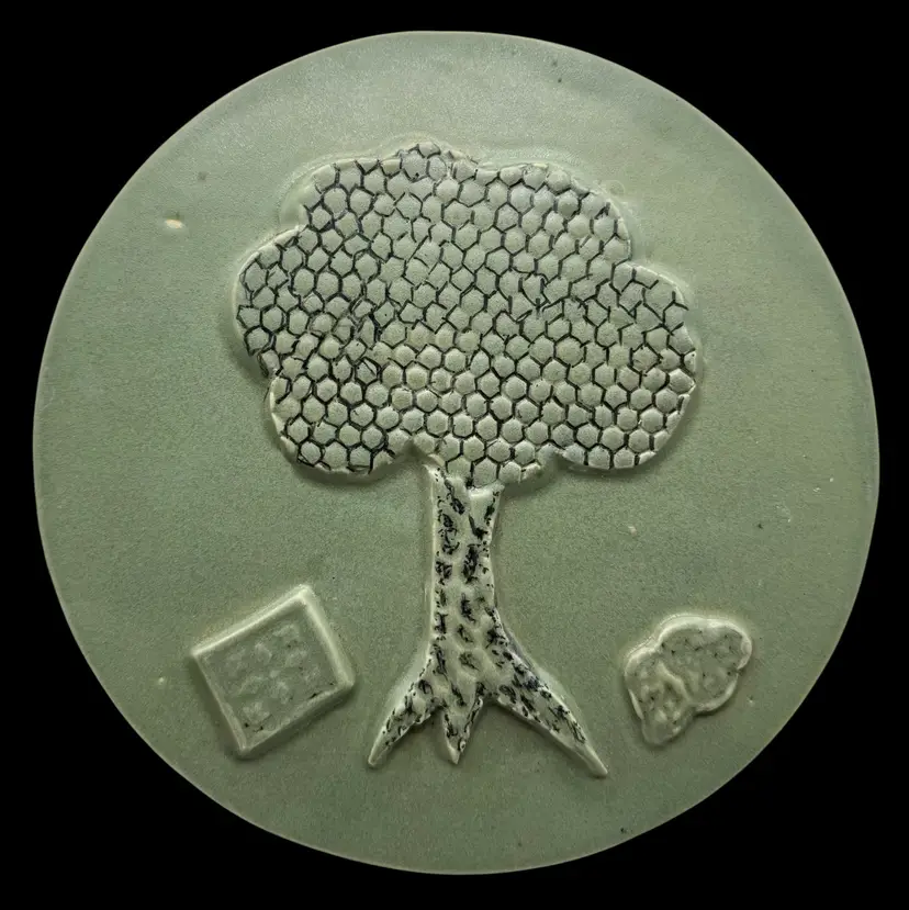 Studio Art Pottery Round Plaque Tile Sculpture Tree Green Blue Textured 8.5”