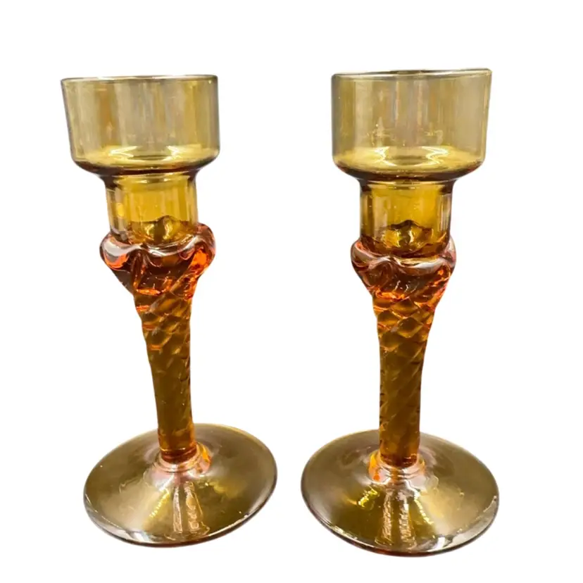 A Set Of Two Vintage Empoli  Italy, Amber Glass 7” Twisted Candle Holder