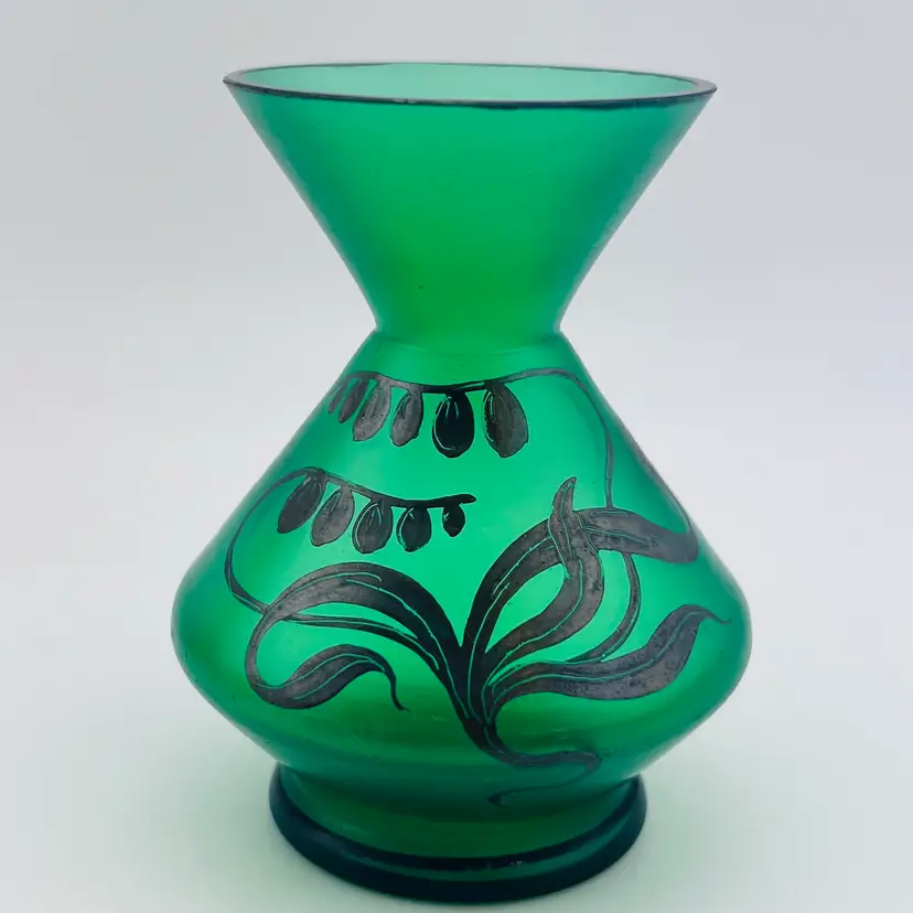 Vintage Emerald Green Satin Glass Vase With Silver Floral Overlay 3.75”