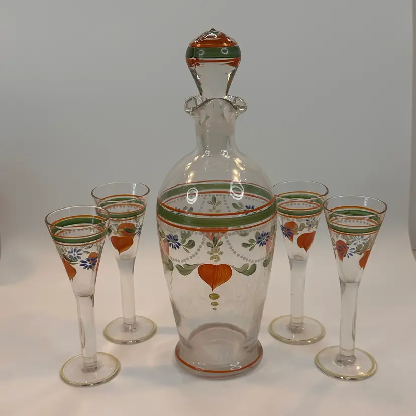 #01 Vintage Swedish Hand-Painted Decanter & 4 Cordials