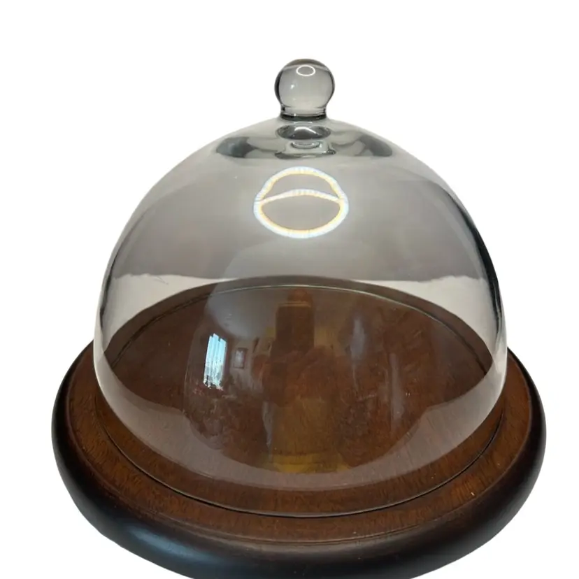 Crystal Glass Cloche With Teakwood Grooved Wooden Stand@9x7