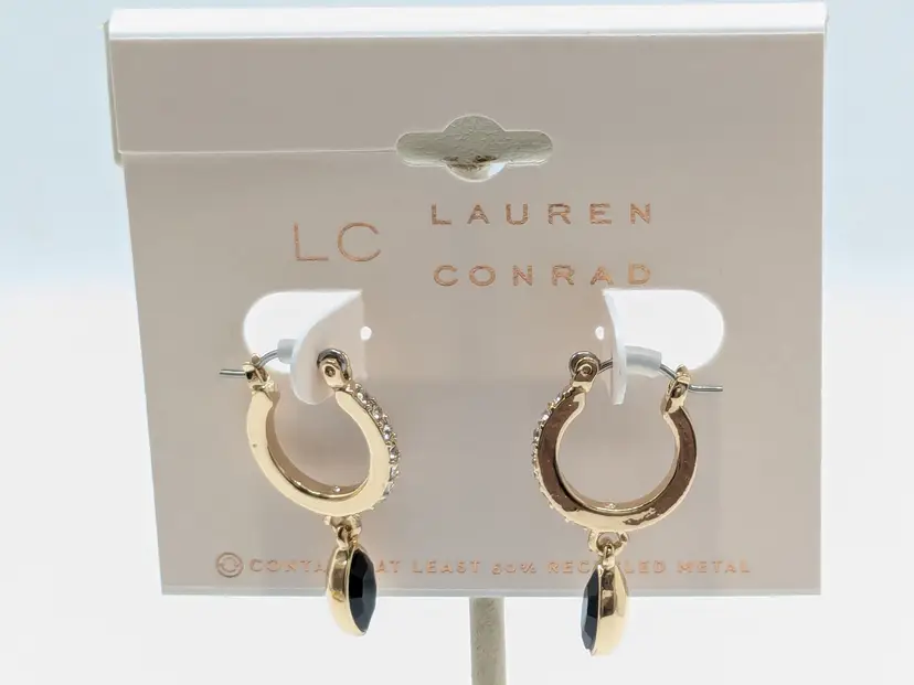 Lauren Conrad Gold Tone Hoop Earrings with Black Charm Dangle NWT
