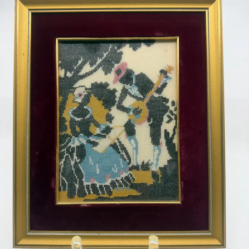 Vintage Gold Framed Petite Point Embroidery Courting Couple In Garden Velvet Matte