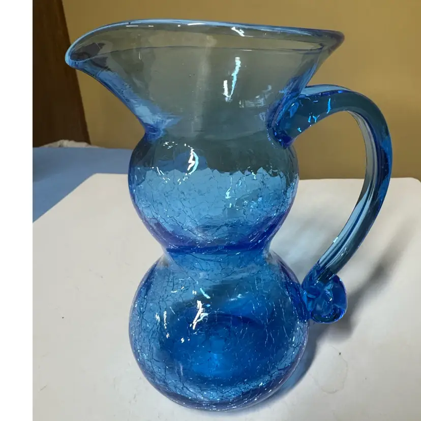 Rainbow Blue Crackle Glass Pitcher Handblown 7 3/8” tall