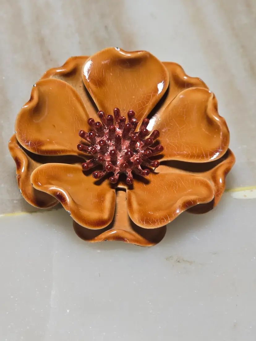 Vintage Caramel Brown Enamel Flower Brooch