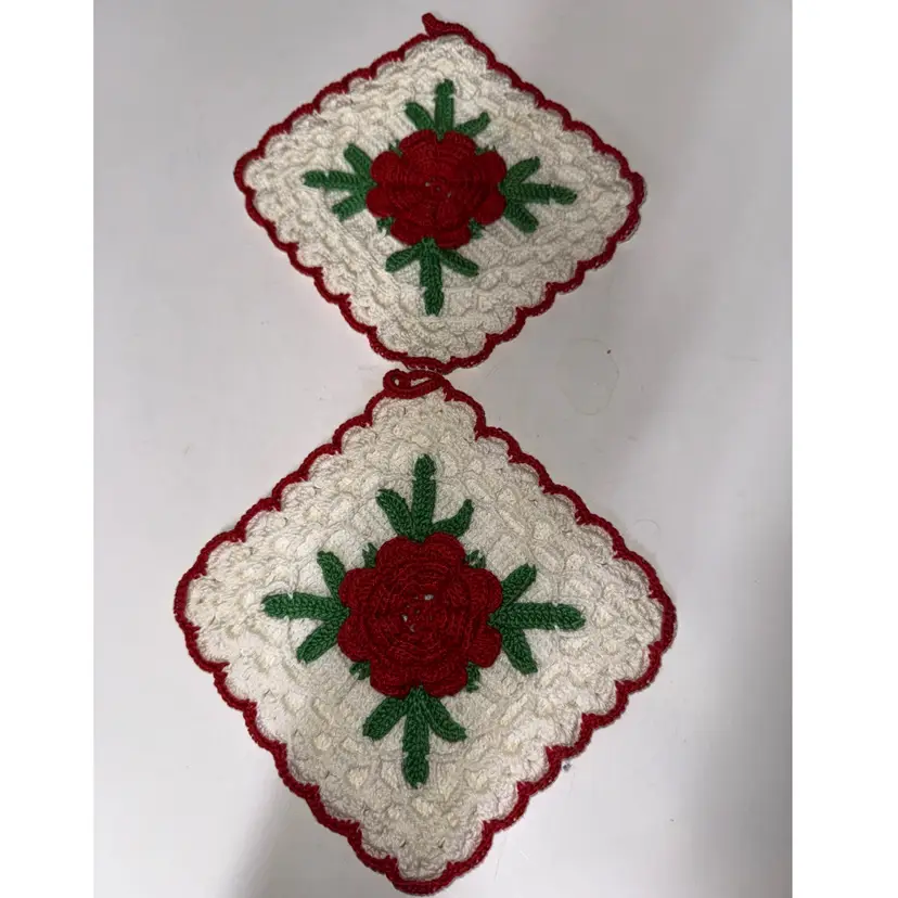 Handmade Cream Crochet Potholders with Red Rose Accent 5.5” squared set of 2