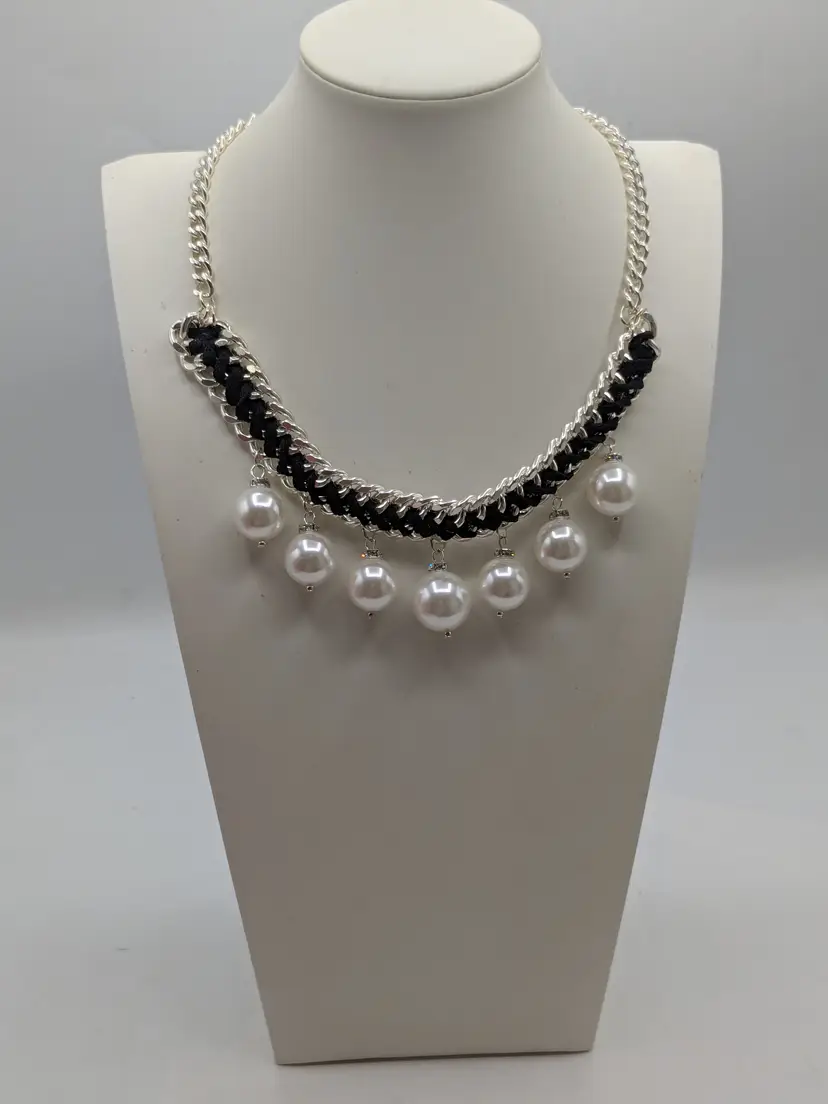 Joyen Silver Tone Black Ribbon Faux Pearl Rhinestone Necklace NWT