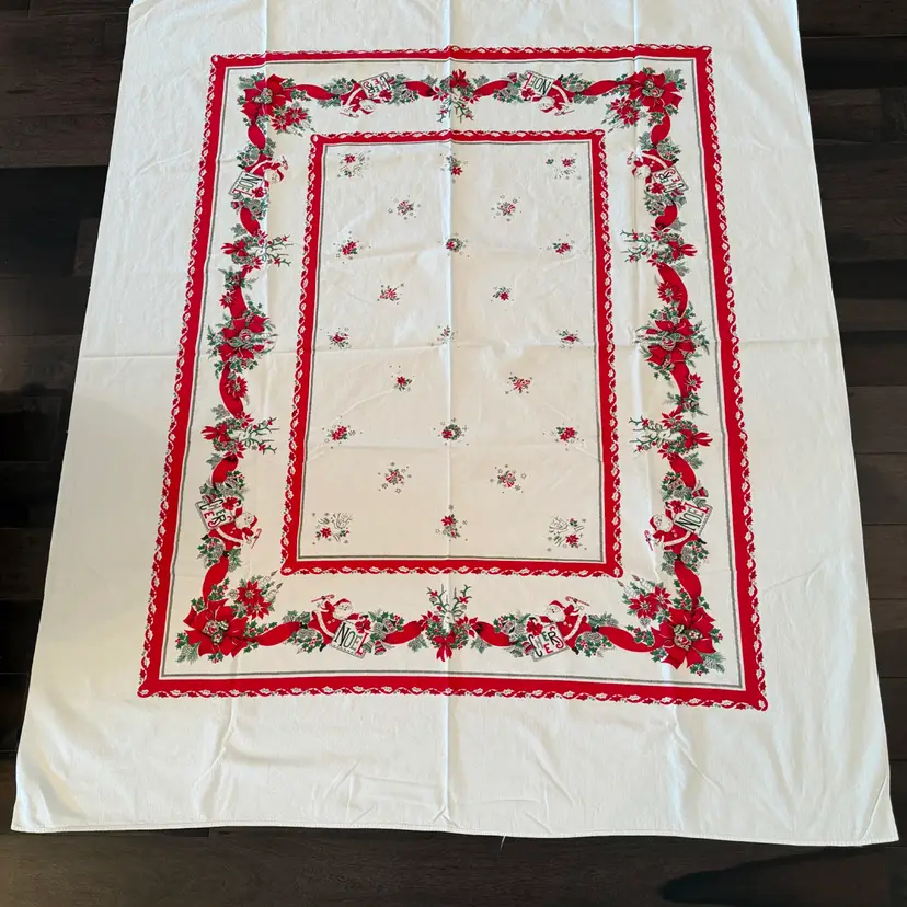 Vintage Christmas Table Cloth Pine Santa-reindeer-candles-wreaths 59x69” Mint