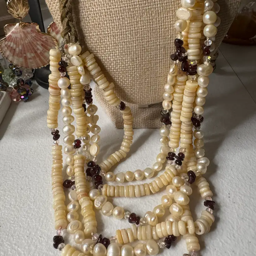 Vintage Artisan Multistrand Statement Necklace - Genuine Baroque Freshwater Pearls - Puka Shell & heishi beads Purple Stone & AB Crystals