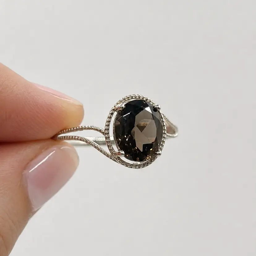 925 Sterling Silver Smokey Quartz Stone Ring - Size 10