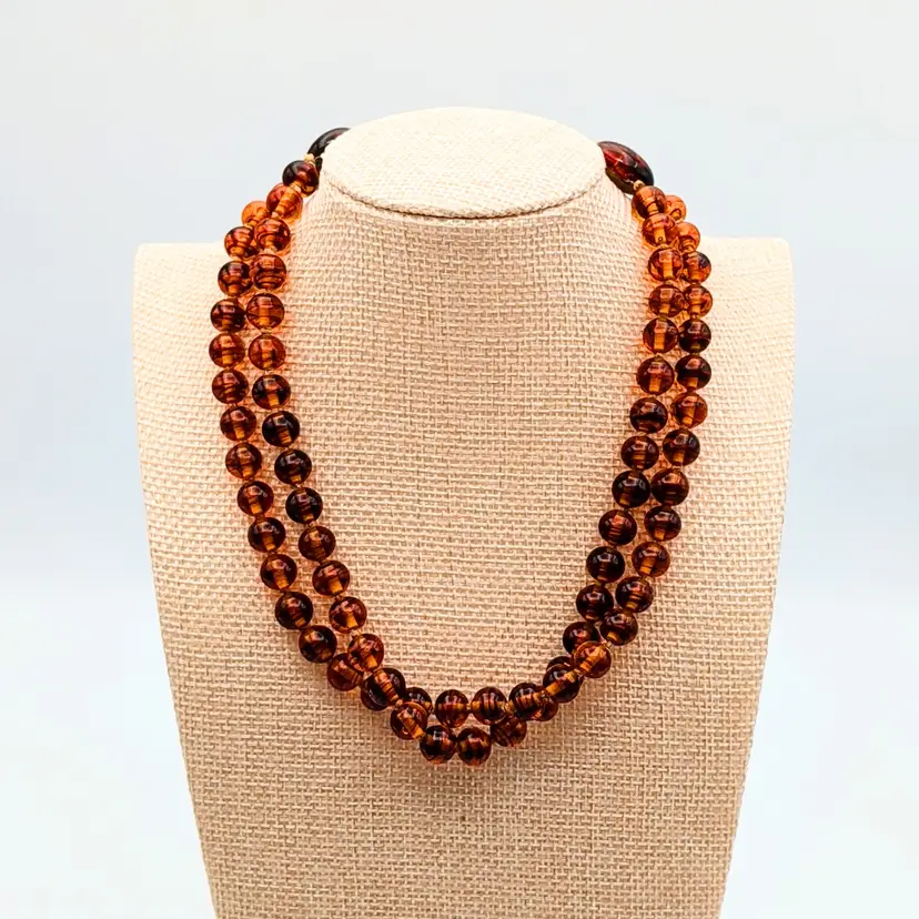 Vtg Lucite Acrylic Amber Beaded Double Strand Knotted Necklace Japan