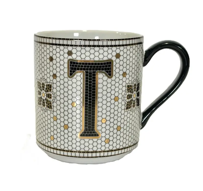 NEW Anthropologie Monogram "T" Mosaic Tile Ceramic Coffee Mug 15oz