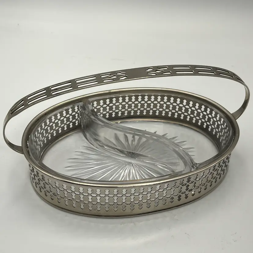 Antique Manning Bowman- Handled Oval Divided Glass & Silver-Plated Relish Caddy