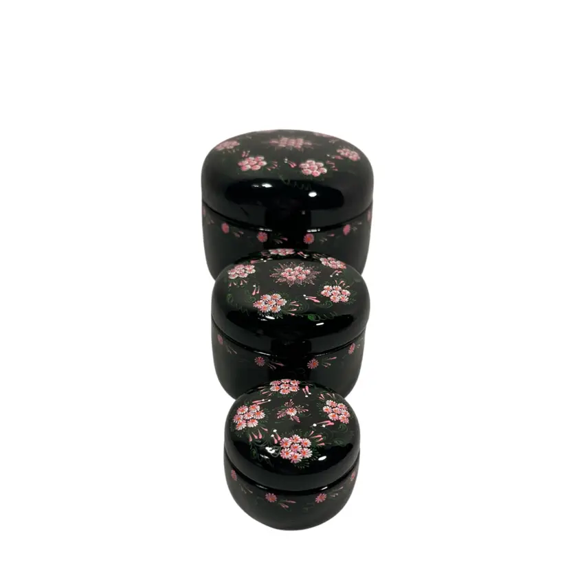 Black Lacquered Wooden Nesting Boxes w Flowers Set of 3 | 3.75”