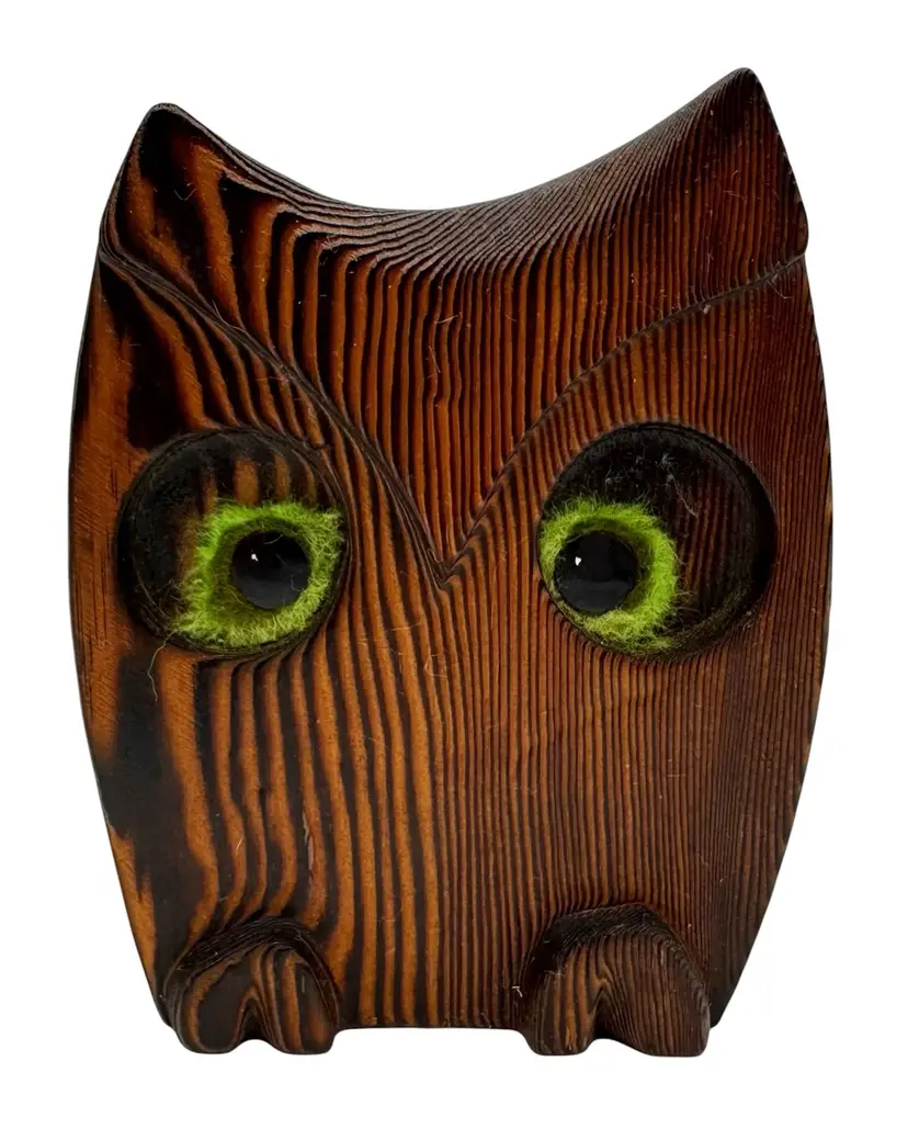 Vintage Cryptomeria Wood Owl Bird Figurine Felt Eyes Mid Century Kitsch 4.5”