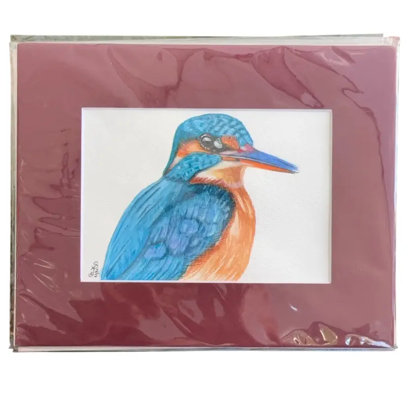 Original Watercolor Bird 5 X 7” In 8 X 10” Burgundy Matte