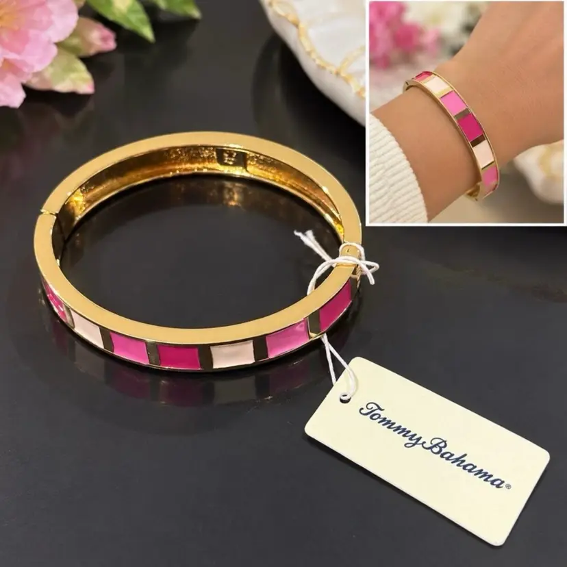 $40 Tommy Bahama Pink White Enamel Gold Plated Clamper Bangle Bracelet New Gift