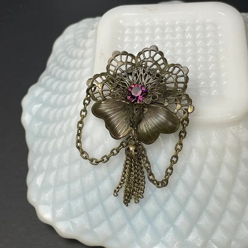 Victorian Revival Festoon Chain Tassel Flower Magenta Rhinestone Filigree Brooch Vintage 2.5"