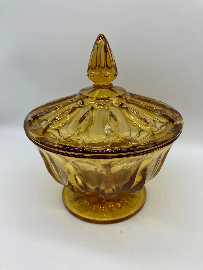 Vintage Anchor Hocking Fairfield MCM Compote Candy Dish w/Lid Amber Honey Wheat