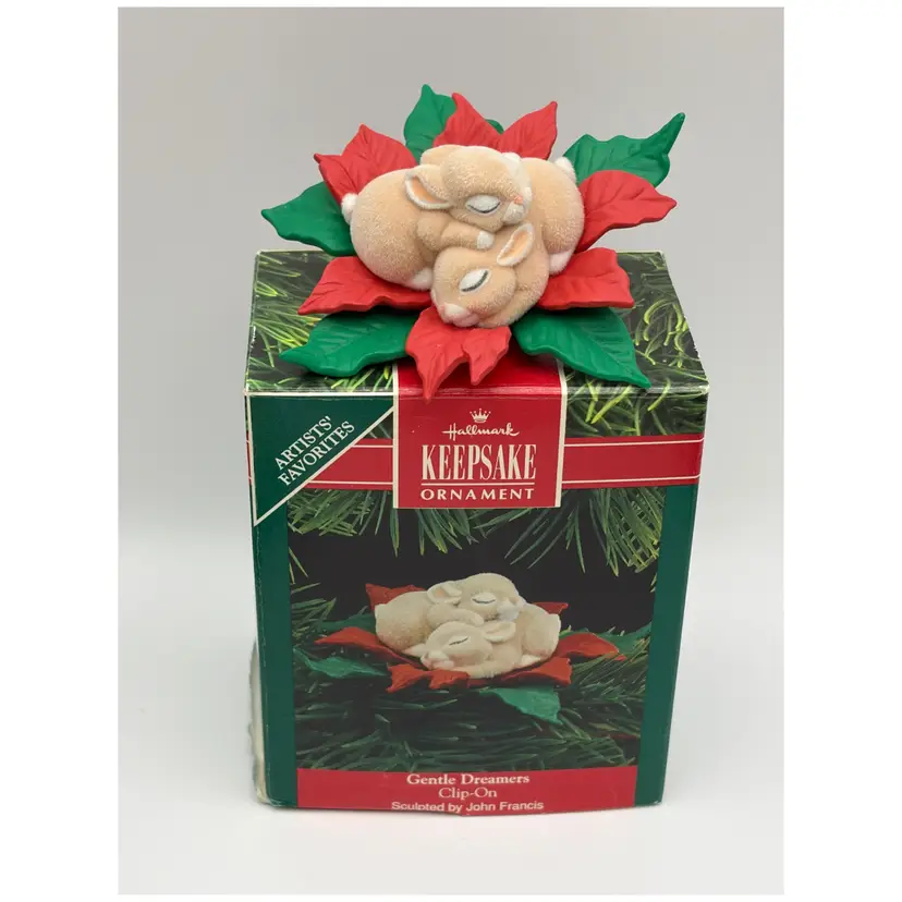 Vintage 1990 Hallmark “Gentle Dreamers”Christmas Clip Ornament ~ Flocked Bunnies