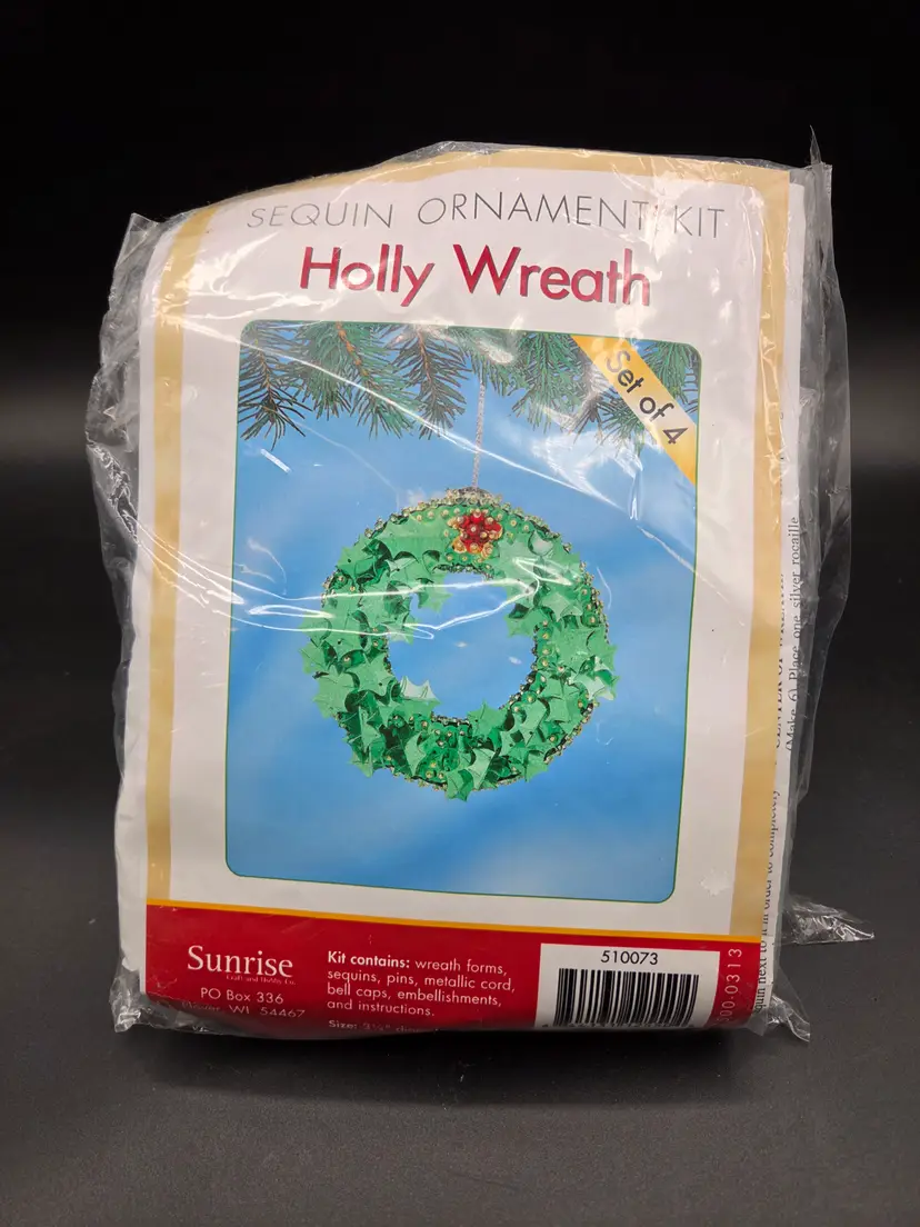 Sequin Ornament Kit Holly Wreath Set of 4 Christmas by Sunrise 510073