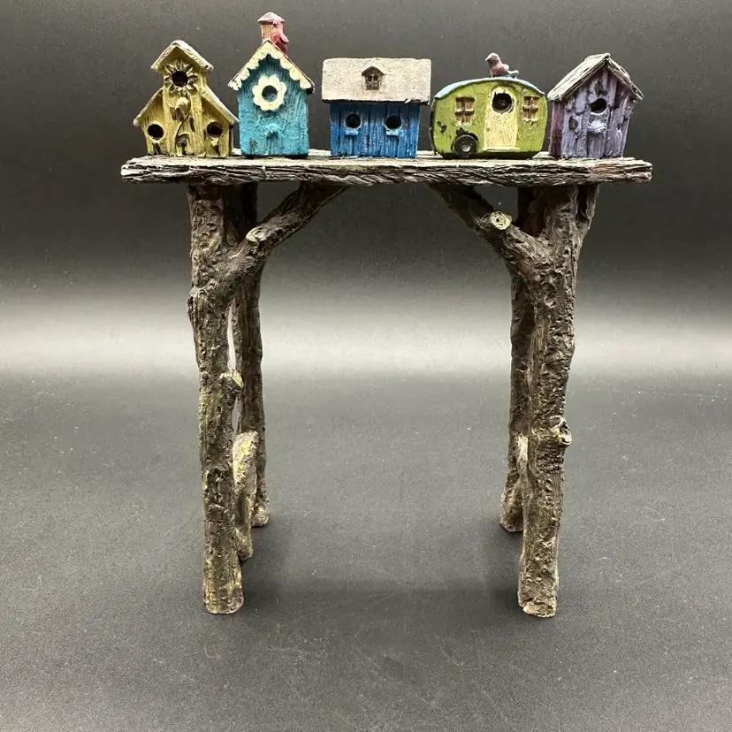 Miniature Faux Wood Bench With “Bird Vacation Homes” 6.5” H 5.5”W 2.25”D