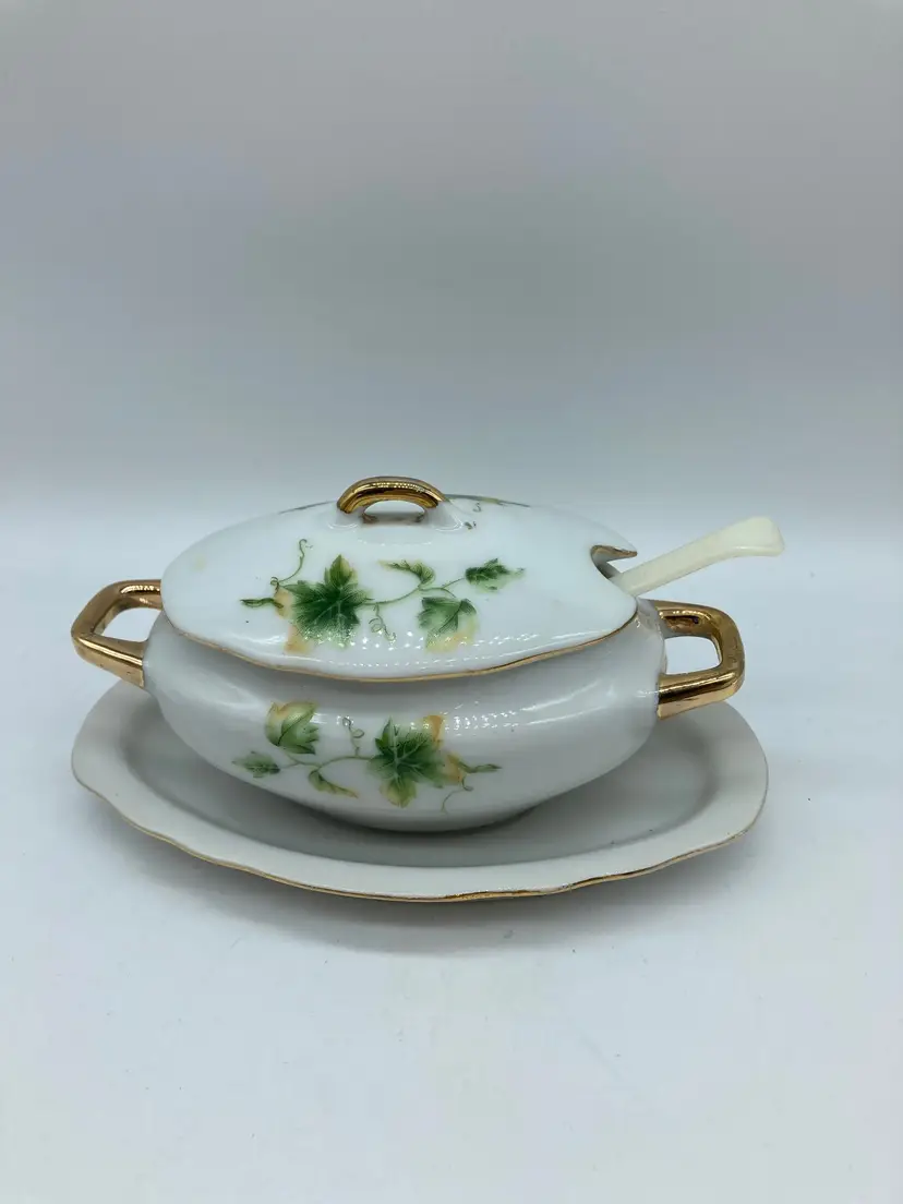 Vintage Royal Crown Condiment Tureen (Dish) Mold No. 1446 with Lid and Original Spoon