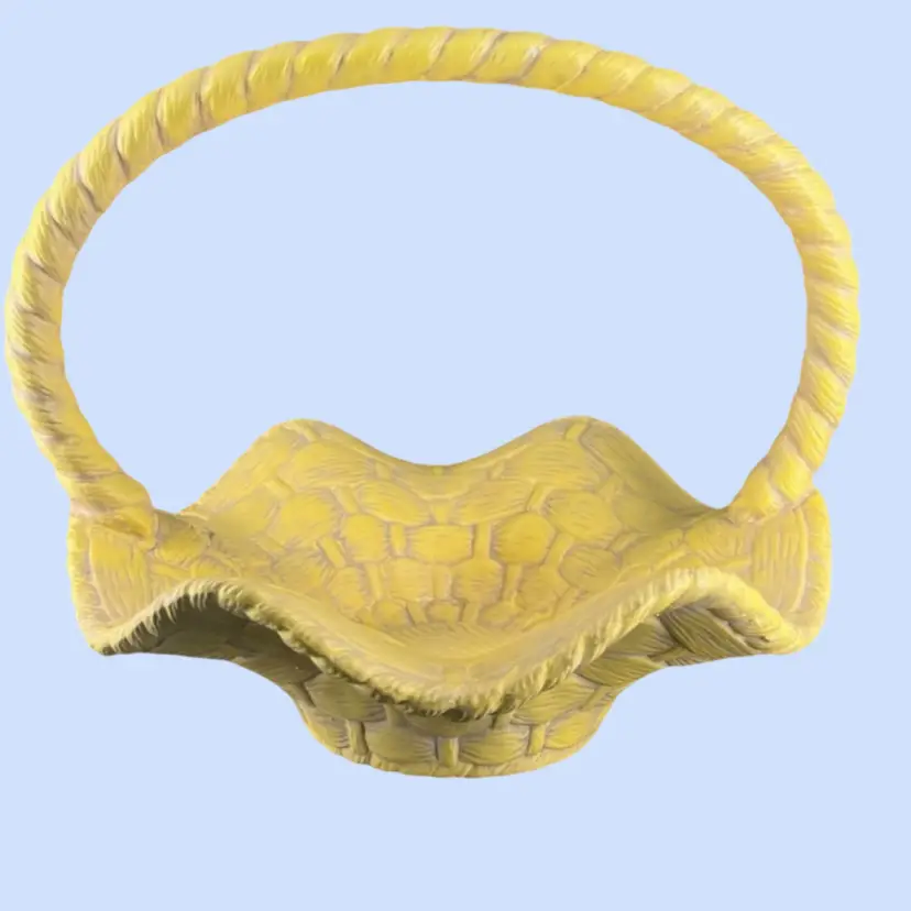 #263- Pottery Ruffle Basket Wicker Weave Pattern w Rope Style Handle Yellow w/ Lavender Glaze Easter Springtime Summer Garden Decor