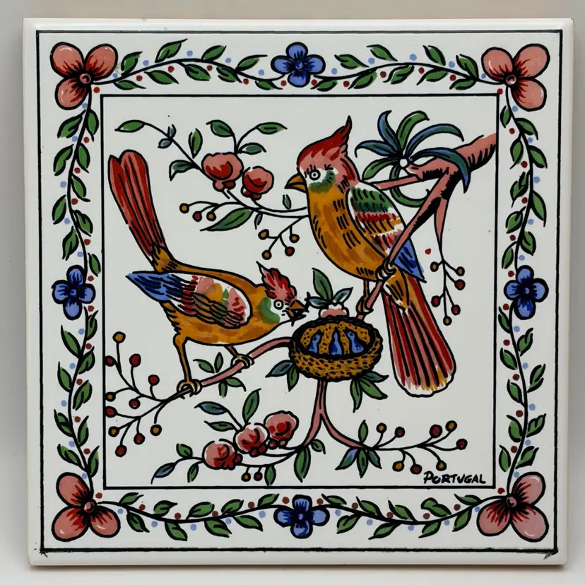 Decorative Ceramic Hand Painted Birds Miniature Tile Portugal Cork on Back