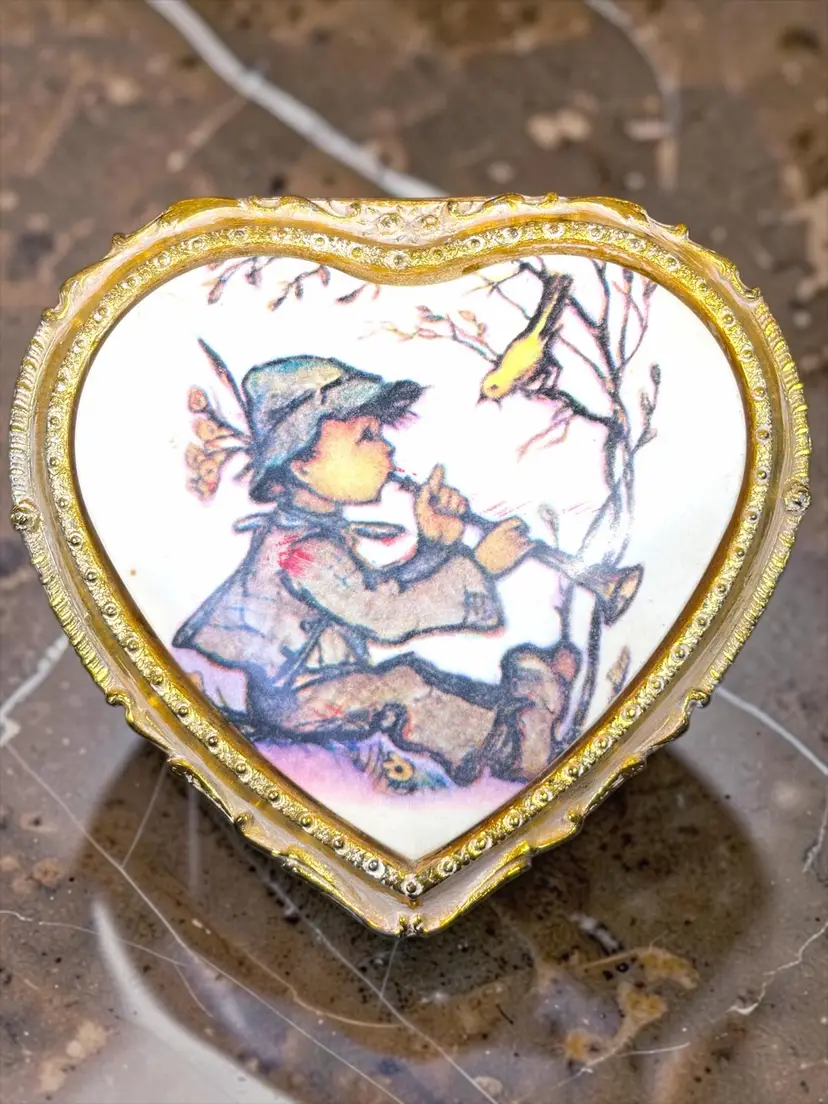Vintage Heart Shaped Ornate Gold Metal Filigree Trinket Jewelry Box, Hummel Style Boy & Bird - Measures About 3.75”L x 3.5”W x 2”T