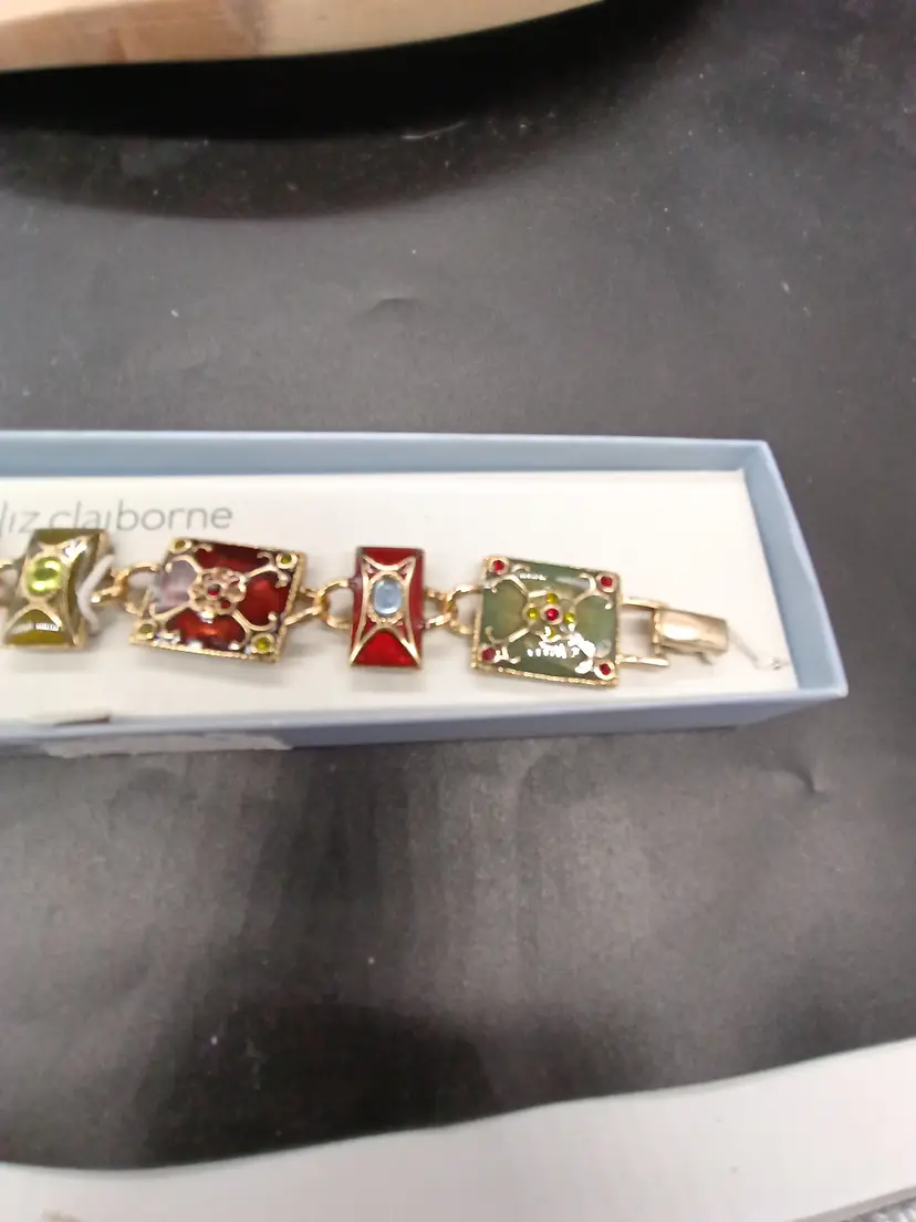 Vintage Liz Claiborne Enamel Rhinestone Bracelet Gold Tone  Red & Green Enamel. 7"