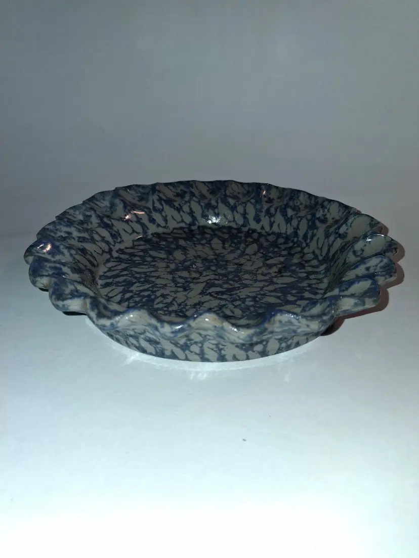 Vintage 1993 Beaumont Brothers Pottery Blue Spongeware Salt Glazed Crimped Edge Dish or Shallow Bowl