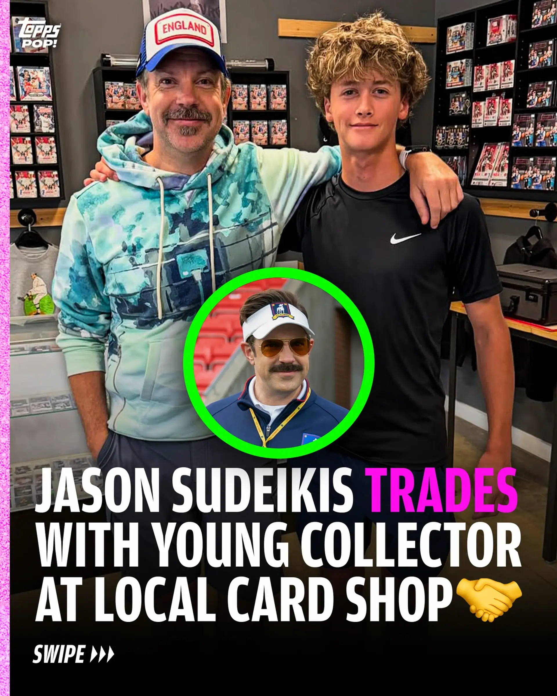 Ted Lasso actor Jason Sudeikis trading cards with Owen at The Sports Card Shop in New Buffalo, MI