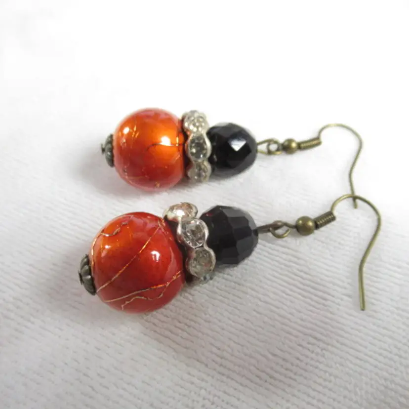 Halloween Orange and Black earrings, with Rhinestone spacers