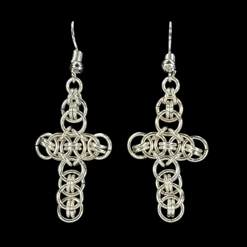 Mark ~ Avante Jewelry Chainmaille CELTIC Cross Pierced Earrings Silver Plated