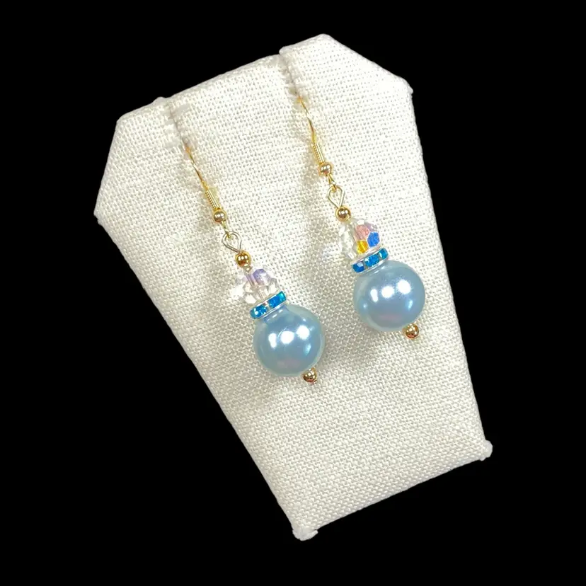 Avante Jewelry Light Aqua Faux Pearl Clear AB Crystal Earrings Gold tone