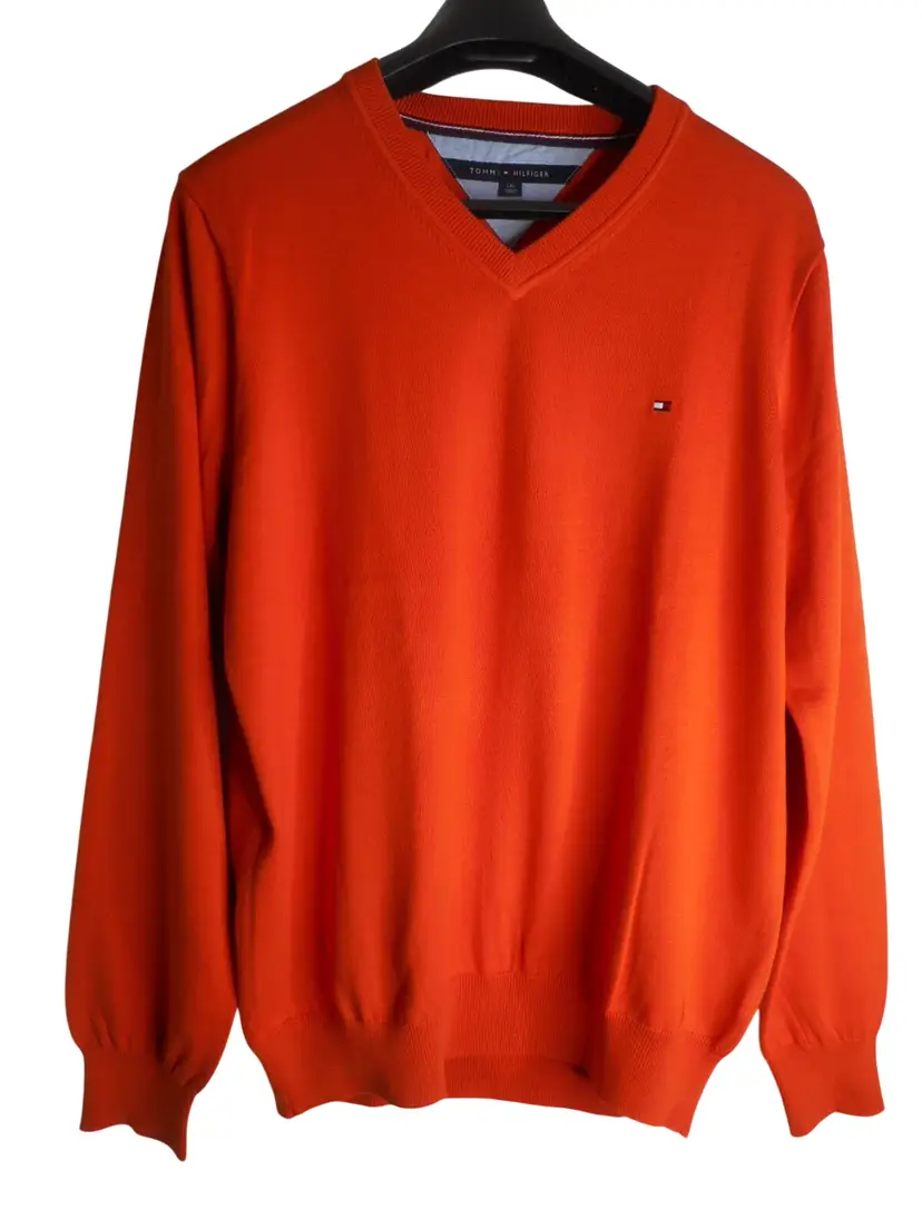NWOT Vintage 90s Orange Size L V neck 100% cotton Sweater Tommy Hilfiger