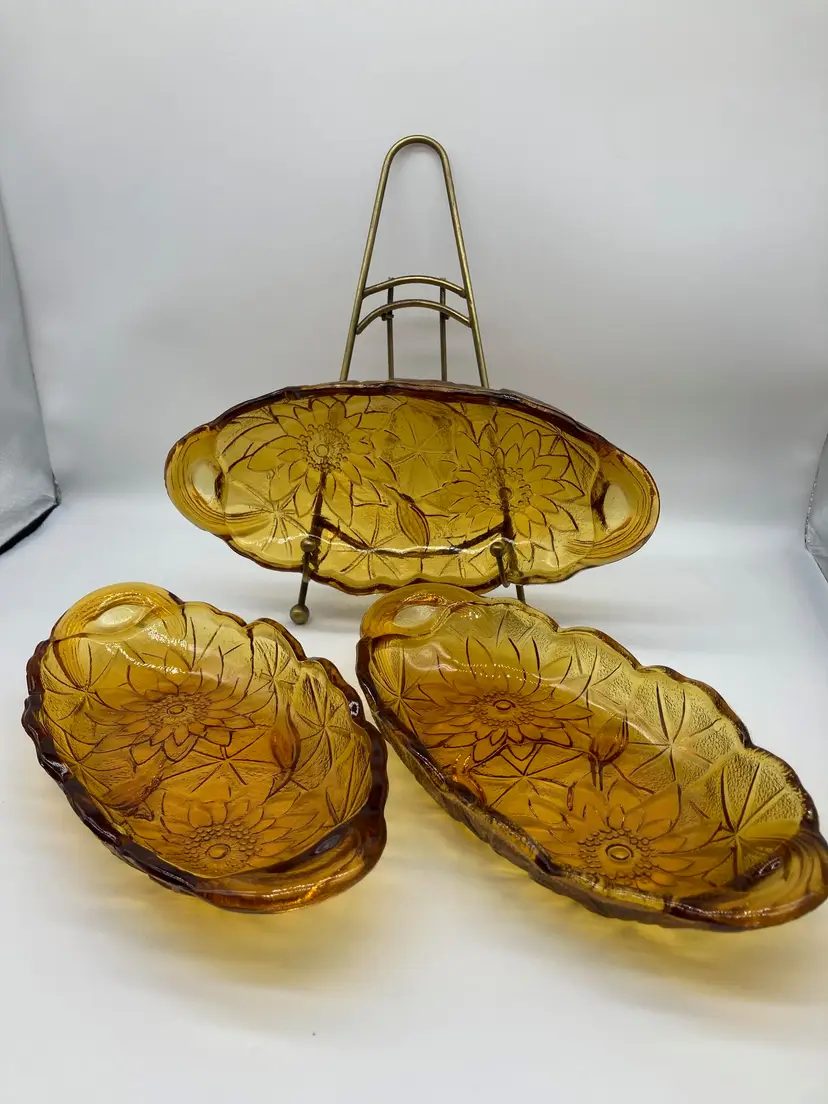 3 Indiana Glass Amber Pickle Dishes in Lily Pons Amber Carnival Glass Closed Handles
