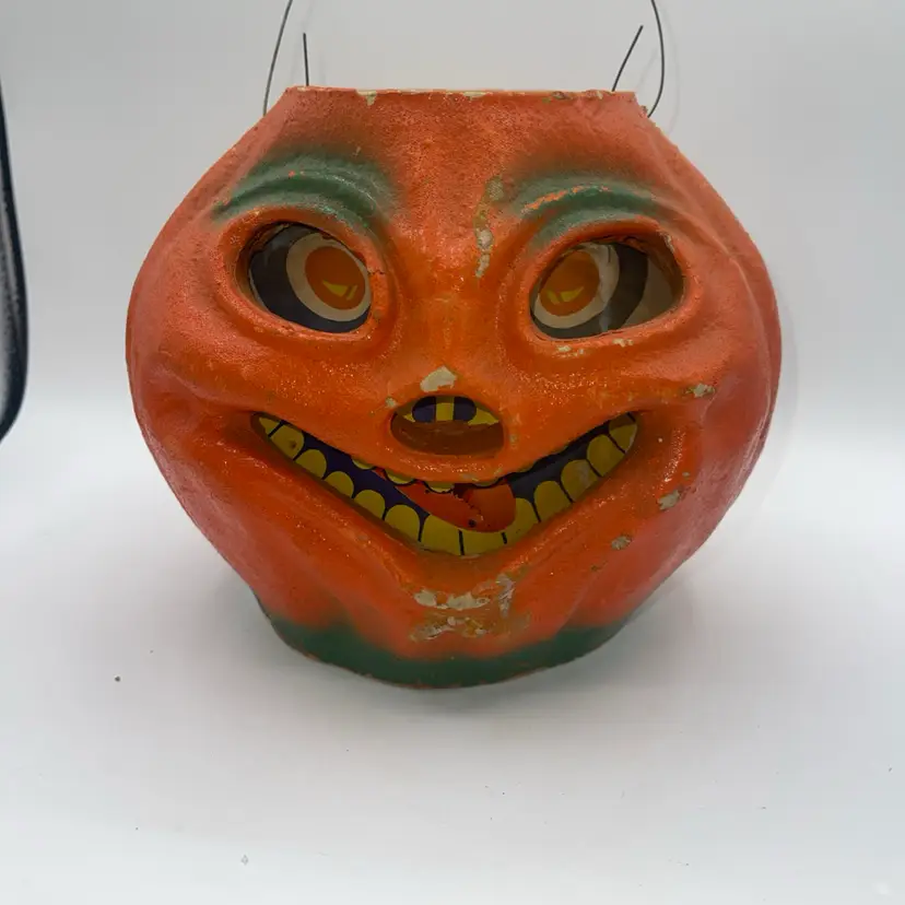 Halloween Paper Mache Pulp LARGE 8" Jack O' Lantern 1930-40s READ DESCRIPTION