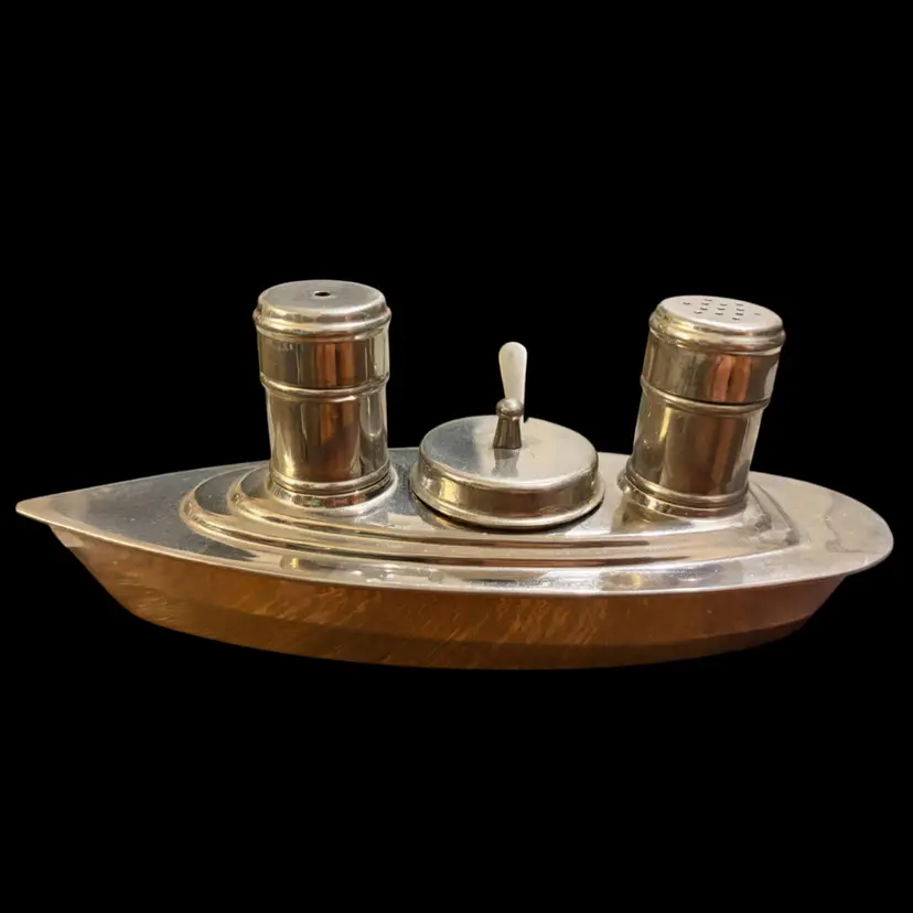 Salt & Pepper Steamer- Mustard Jar And Spoon Set - Complete in Dovetail Box- Authentic Models