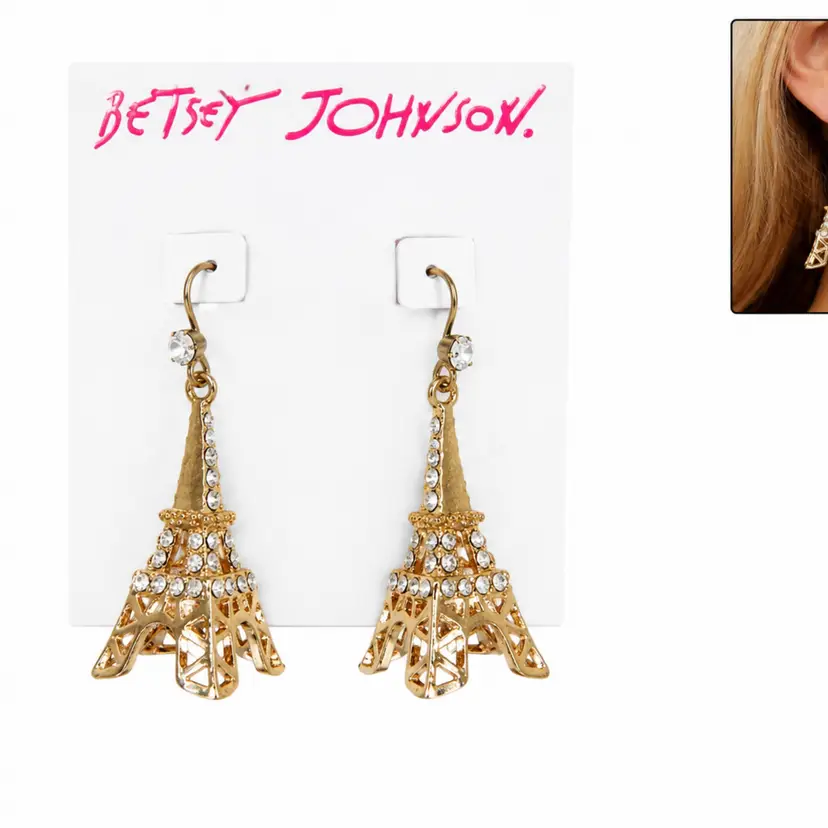 Betsey Johnson Eiffel Tower Paris Drop Dangle Gold Earrings Cute Bling Gift