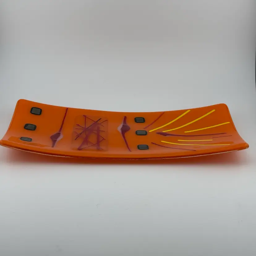 Vintage Orange Fused Glass Platter Atomic MCM Abstract Studio Art Glass Tray