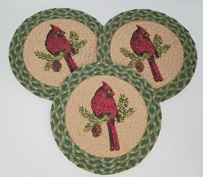 3 NOS Earth Rugs Mats ~ 10” Diameter ~ Cardinal ~ Braided Jute ~ w/Tags