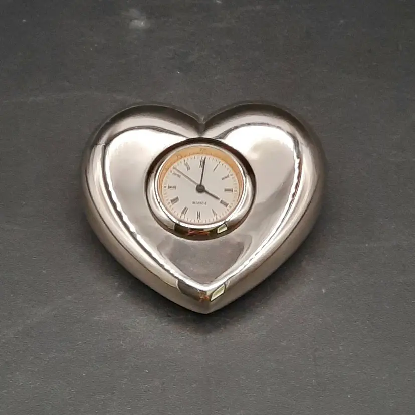 Silver Tone Heart Clock Paperweight